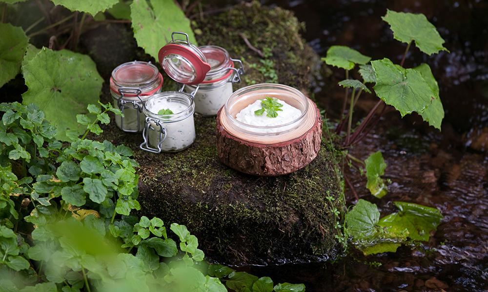 GlasTopf mit Kräutercreme in der Natur