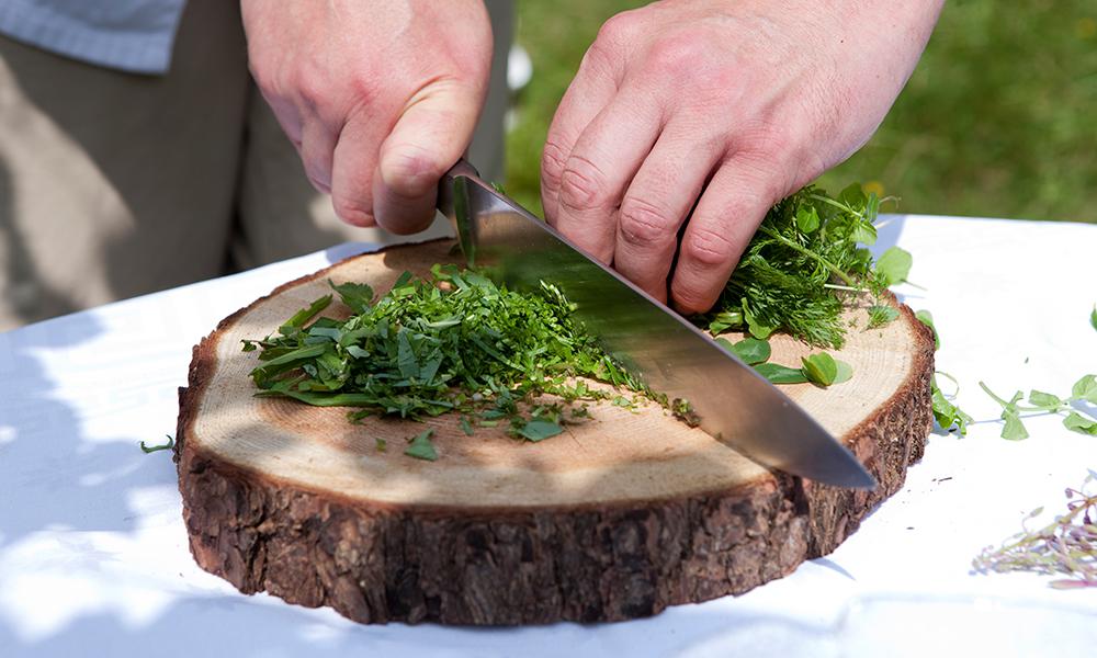 Kräuter auf dem runden Holzbrett